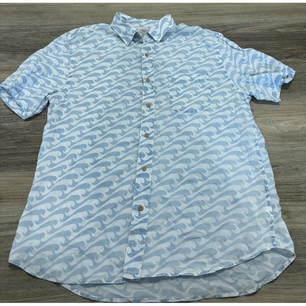 Faherty Mens Large Blue Waves Short Sleeve 100% Cotton Button Up Shirt